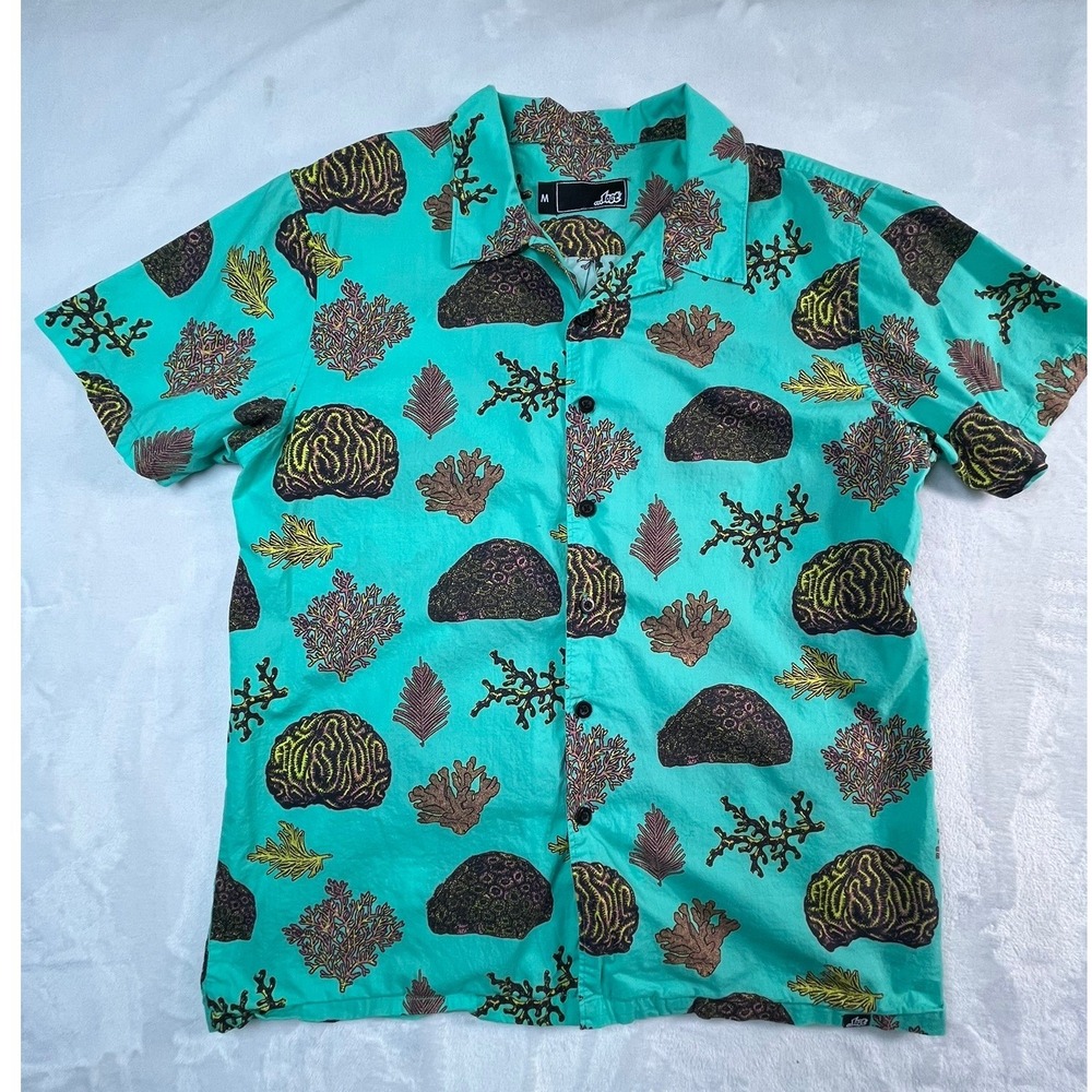 LOST Mens M Shirt Aqua Green Sea Ocean Coral Print Short‎ Sleeve